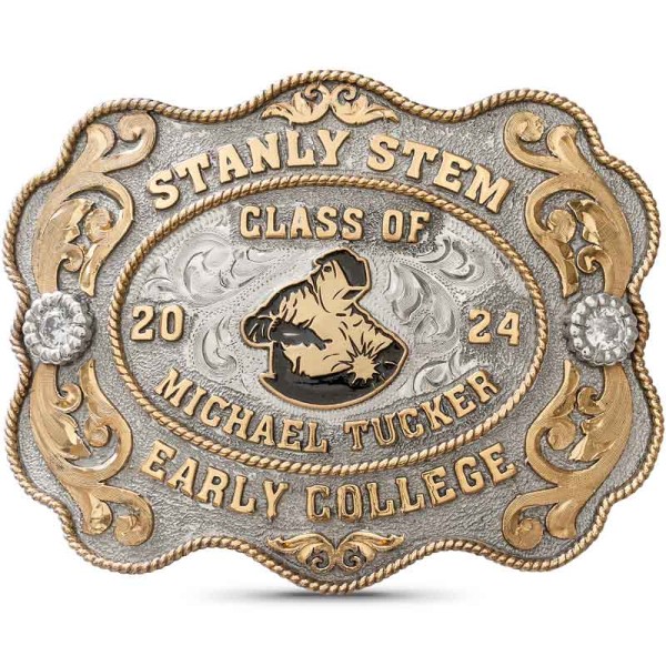 A custom class belt buckle for Golden Valley High School with personalized name featuring a golden bronze horse head figure 